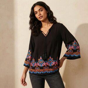 Black Embroidered Top Boho Floral XL Colorful 3/4 Sleeve V NeckTassel Tie